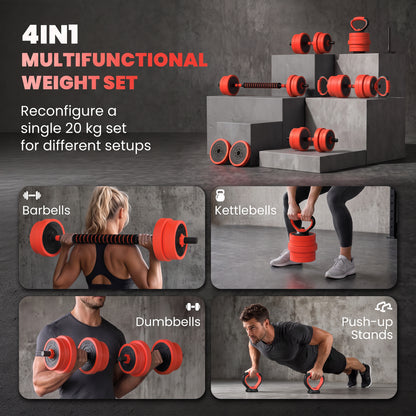 20kg 6-In-One Adjustable Weight Dumbbells Set, Barbell, Kettlebell, Push Up Stand - Red