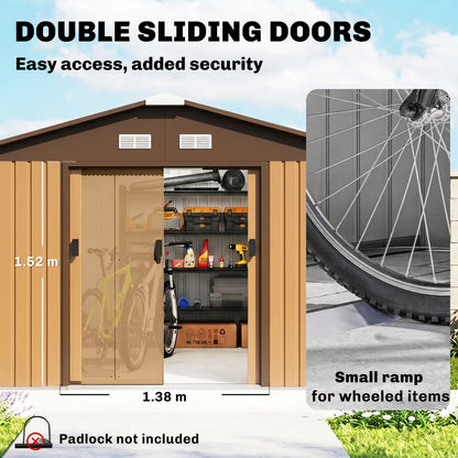13 x 11ft Metal Garden Shed, Waterproof Outdoor Bike Storage Shed Galvanised with Vents, Foundation Kit, Apex Roof and Lockable Double Doors for Patio Lawn, Light Brown