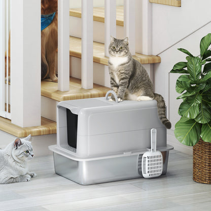 Stainless Steel Cat Litter Box with Removable Lid, Scoop, Filter Bags, for Larger Cats