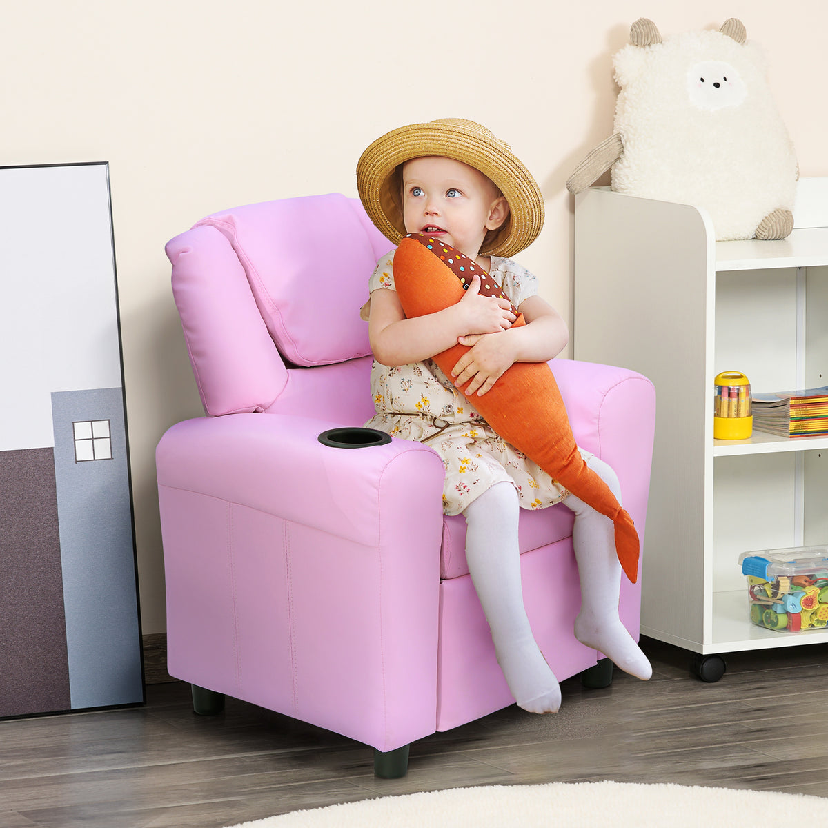 Kids Recliner Chair, PU Leather with Adjustable Backrest, Footrest, Padded Headrest, Pink