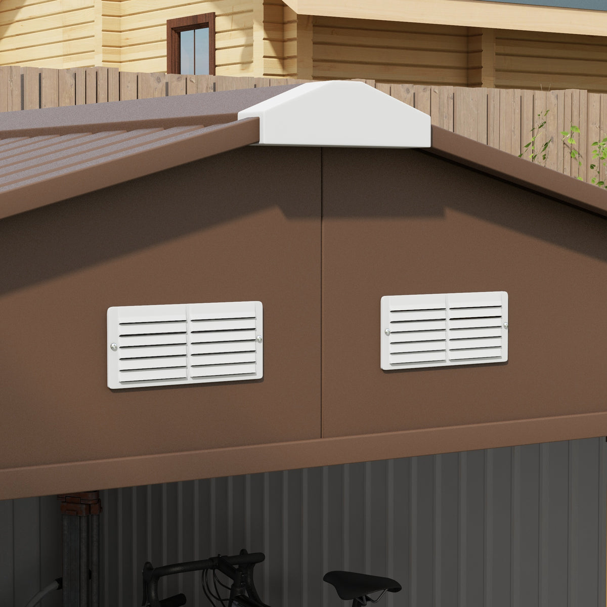 13 x 11ft Metal Garden Shed, Waterproof Outdoor Bike Storage Shed Galvanised with Vents, Foundation Kit, Apex Roof and Lockable Double Doors for Patio Lawn, Light Brown