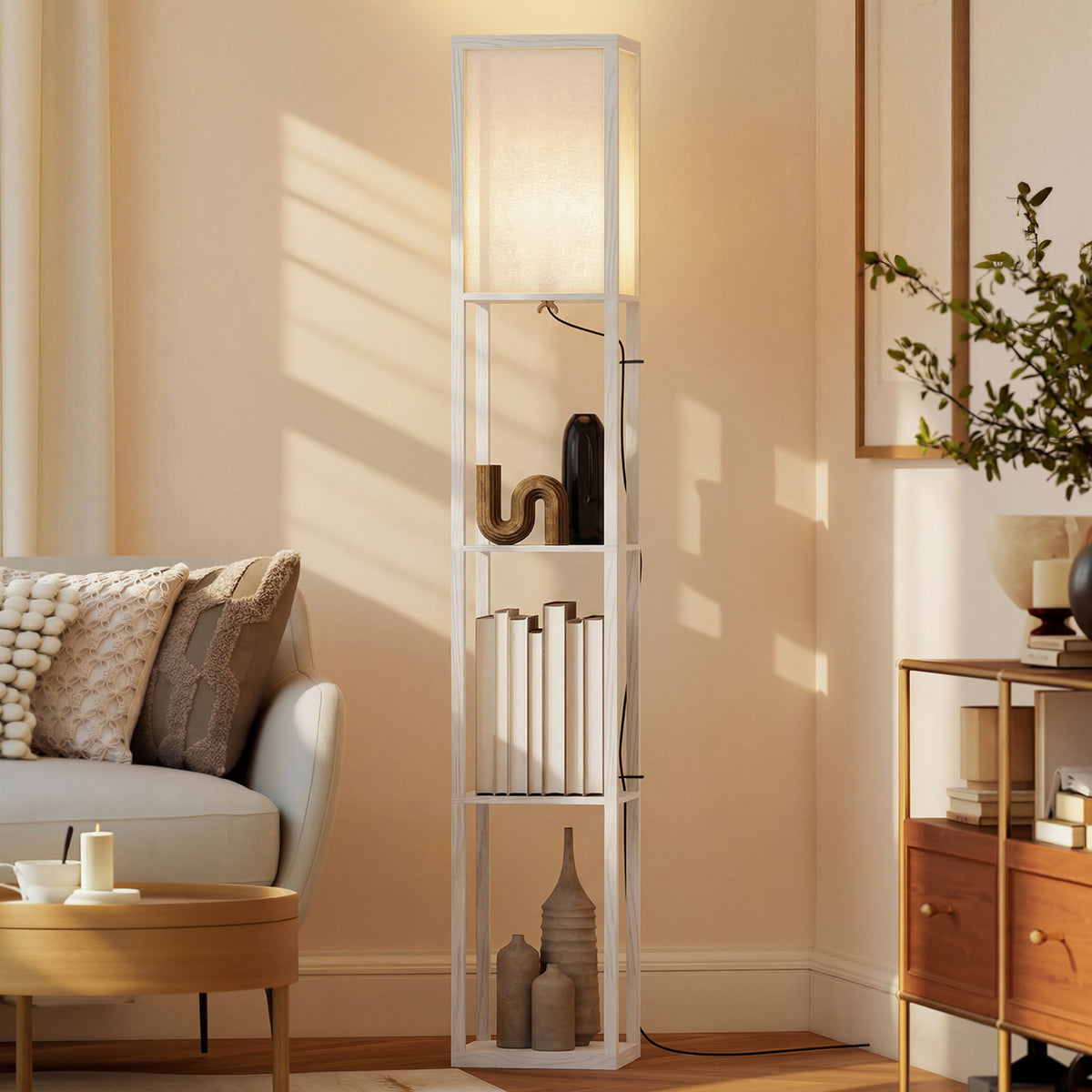 3-Tier Floor Lamp with Shelves and Storage, Modern Corner Standing Lamp with Lampshade, Foot Switch for Living Room, Bedroom, Home Office, Bulb not Included, White
