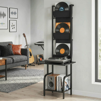 Vinyl Record Player Stand Record Storage with Player Stand Oxford Fabric Pockets Bottom Shelf