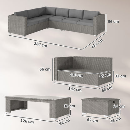 6 Pieces Outdoor PE Rattan Wicker Corner Sofa Set with Glass Top Coffee Table, Aluminium Conservatory Furnitur, Grey