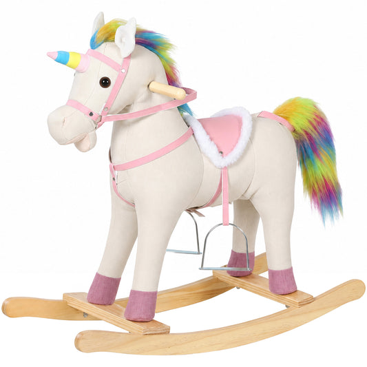 Rocking Horse, Unicorn Ride on Horse with Sounds and Stable Wooden Base for 1-3 Years, Cream White