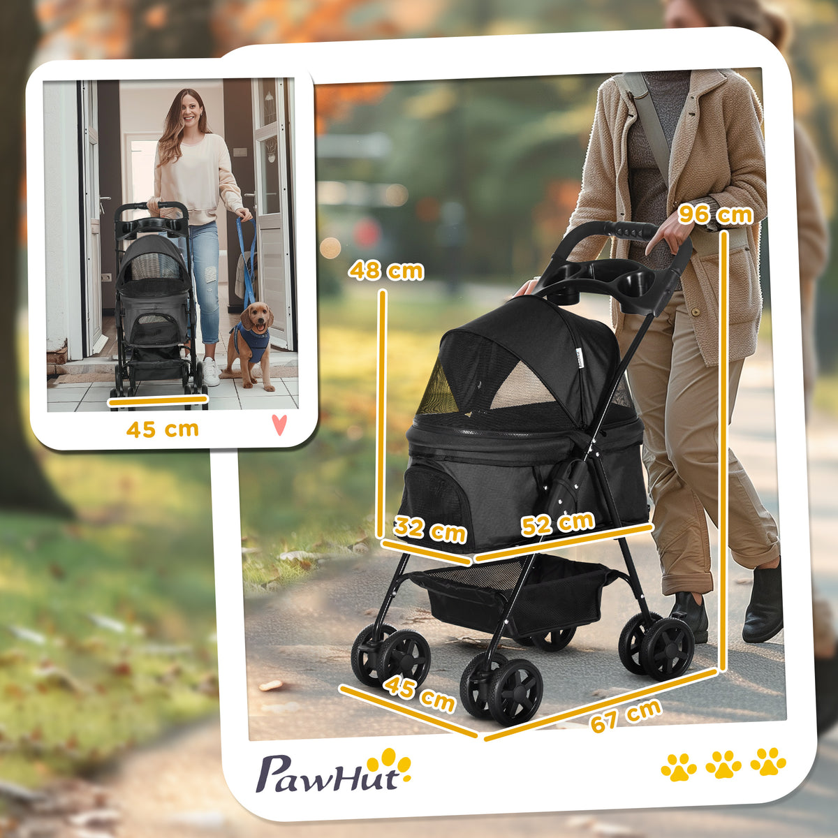 Dog Pram Dog Stroller Foldable Pet Pushchair with 4 Wheels, Safety Leashes, Cup Holder for Small Dogs