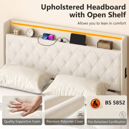 5ft King Bed Frame with Headboard, Platform Bed Frame with Hydraulic Storage, LED Lights and Charging Station, White
