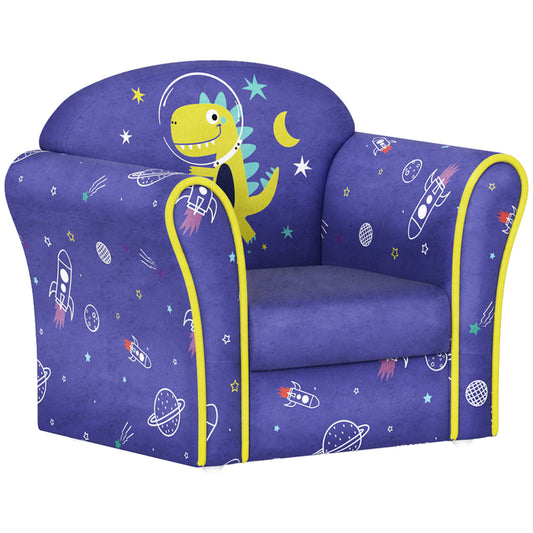 Kids Armchair with Planet Dinosaurs Design, Wooden Frame, for Bedroom, Playroom, Kids Room