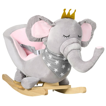 Kids Elephant-Designed Rocking Horse, with Safety Belt, Wooden Base, for Ages 18-36 Months - Grey