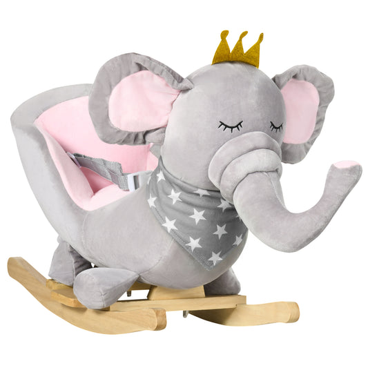 Kids Elephant-Designed Rocking Horse, with Safety Belt, Wooden Base, for Ages 18-36 Months - Grey