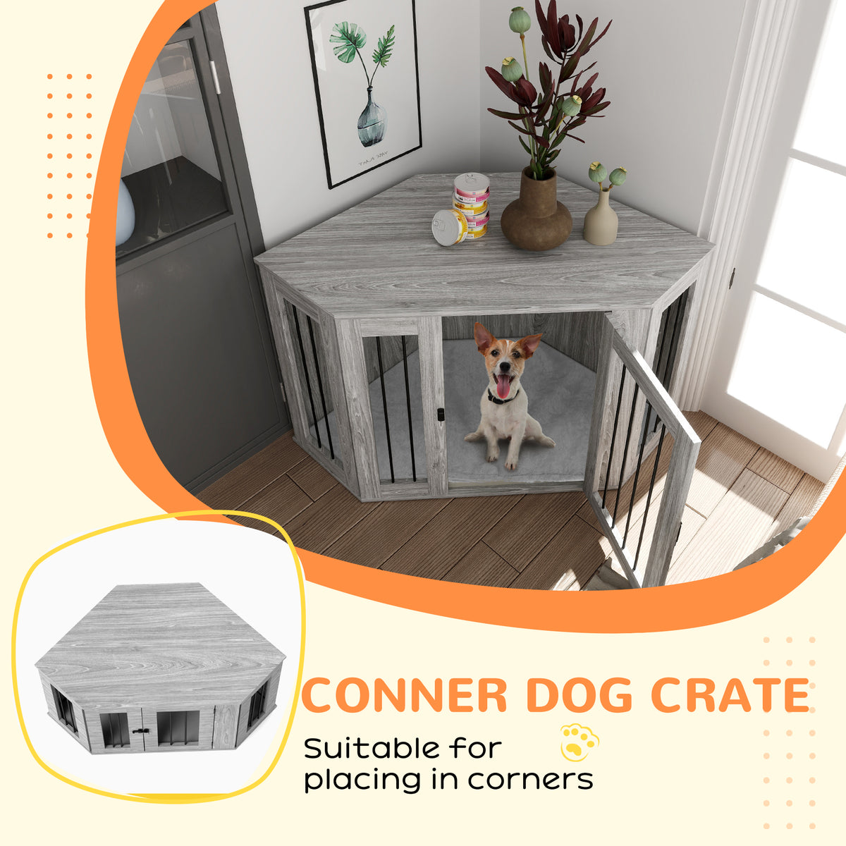 Dog Crate Furniture Side Table, with Cushion, 122 x 61 x 71cm - Grey