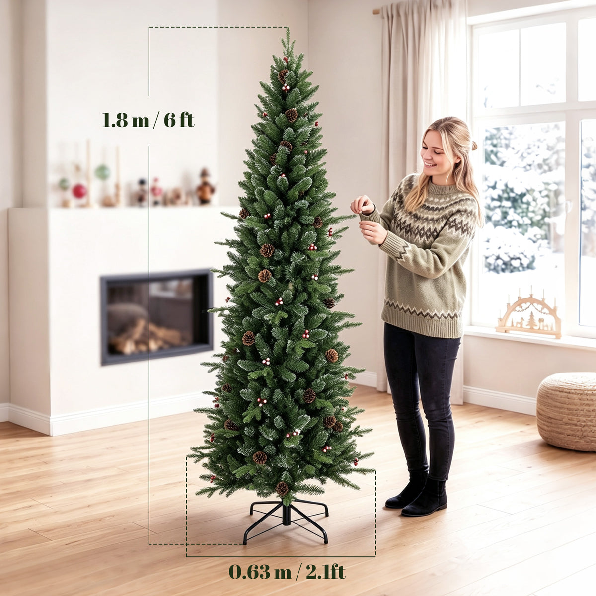 Slim Gracious Pine Xmas Tree, 6ft/180cm Artificial Christmas Tree with 688 Branch Tips, Foldable Steel Stand, Green
