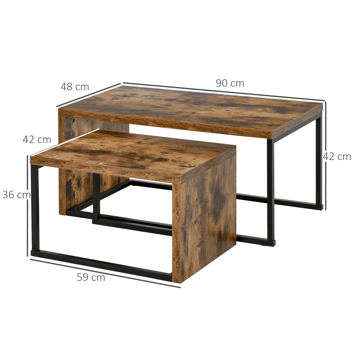 Nesting Coffee Table Set of 2, Industrial Stacking Side End Tables with Metal Frame for Living Room, Bedroom, Rustic Brown
