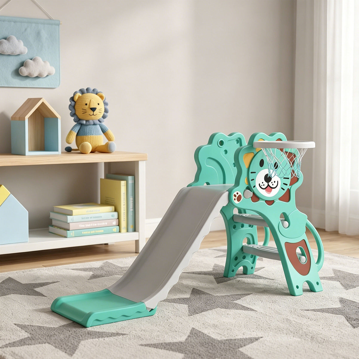 Baby Slide with Basketball Hoop, Climber, Easy to Assemble Kids Slide for Indoor Use, for Ages 18-36 Months
