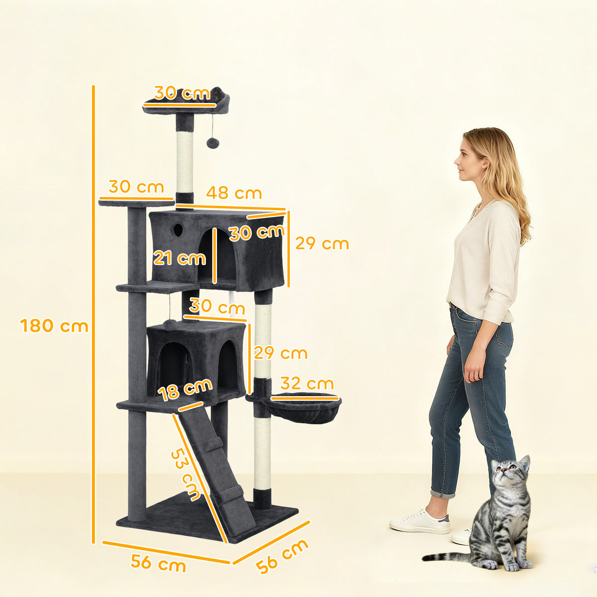 180cm Large Cat Tree Tower with Sisal Scratching Posts, Condos, Plush Perches, Hammock, Ladder, Dark Grey