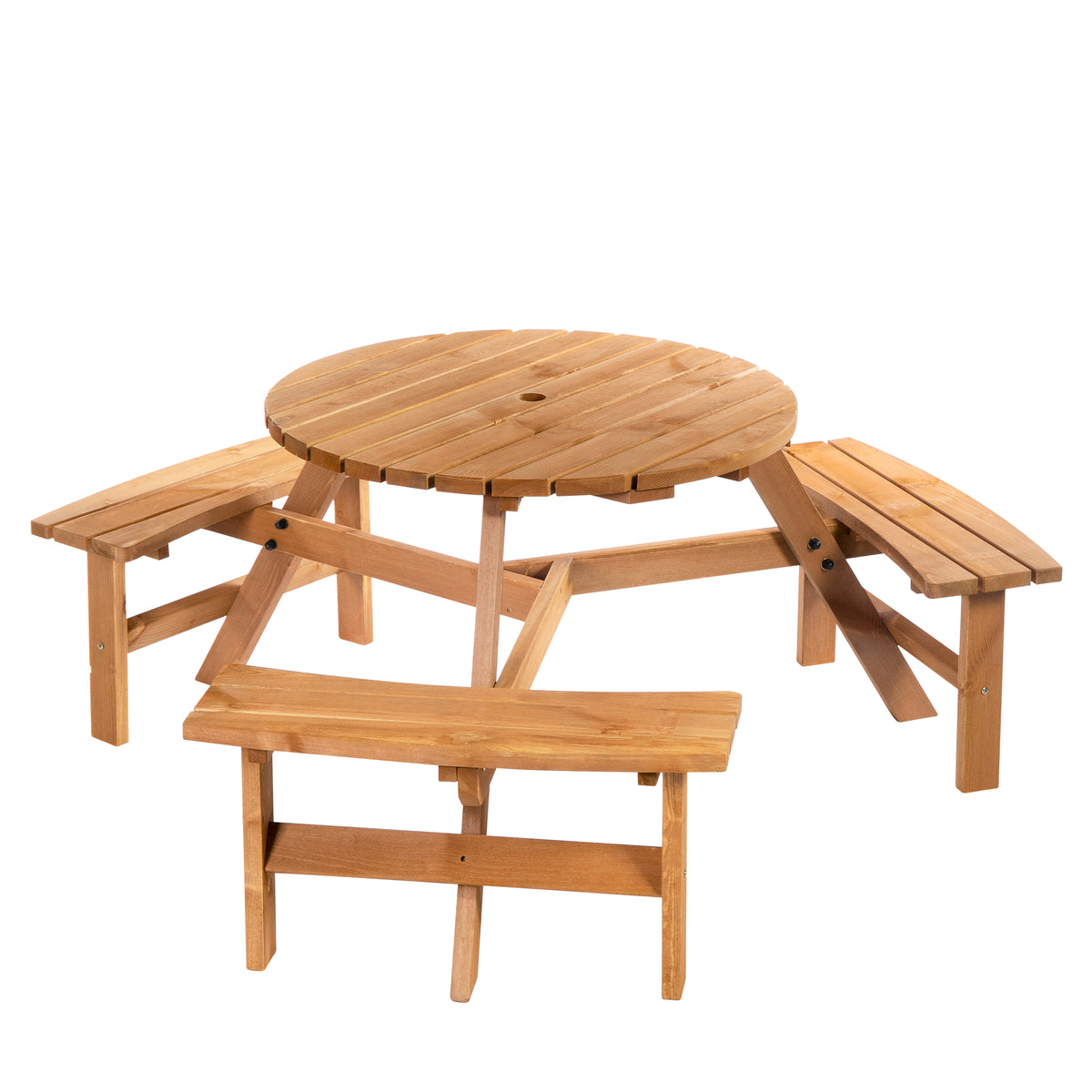 Wooden Garden Dining Set, 6 Seater Round Dining Picnic Table with Matching Bench, Garden Furniture Set with Parasol Hole for Outdoor Patio Party and Family Gatherings, Brownish Red