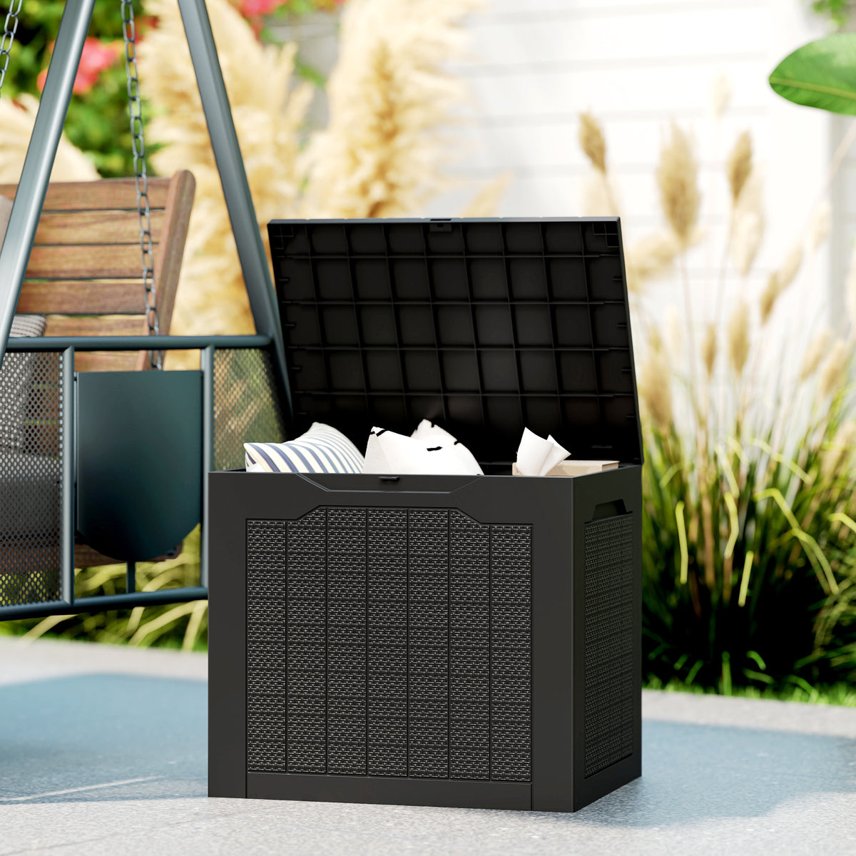 97L Plastic Garden Storage Box, Outdoor Storage Box with Handles, Waterproof Outdoor Storage Container