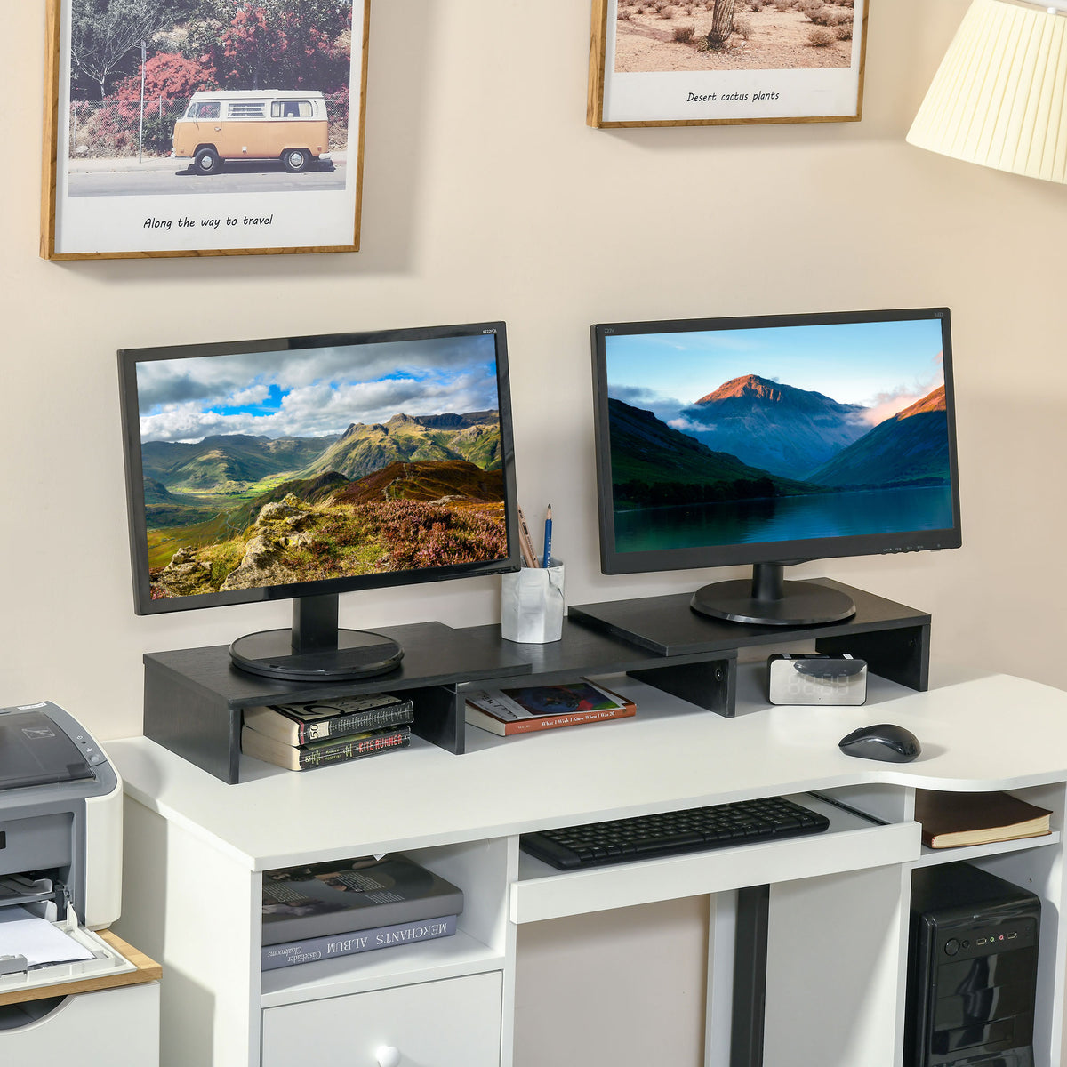 Dual Monitor Stand Riser with Adjustable Length and Angle, Screen Riser for Laptop, Computer, PC, Printer, TV, Black
