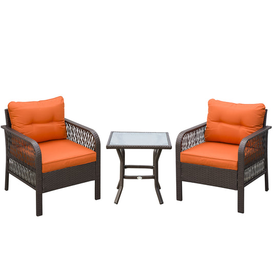 3 Pieces Rattan Bistro Set with Glass Top Coffee Table, Chairs and Cushions for Outdoor, Patio, Balcony, Orange