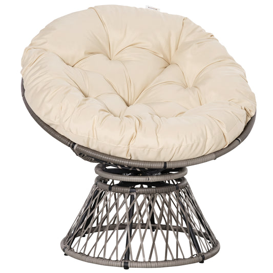 360° Swivel Rattan Moon Bowl Chair Round Lounge Garden Wicker Basket Seat with Padded Cushion Oversized for Outdoor Indoor, Beige