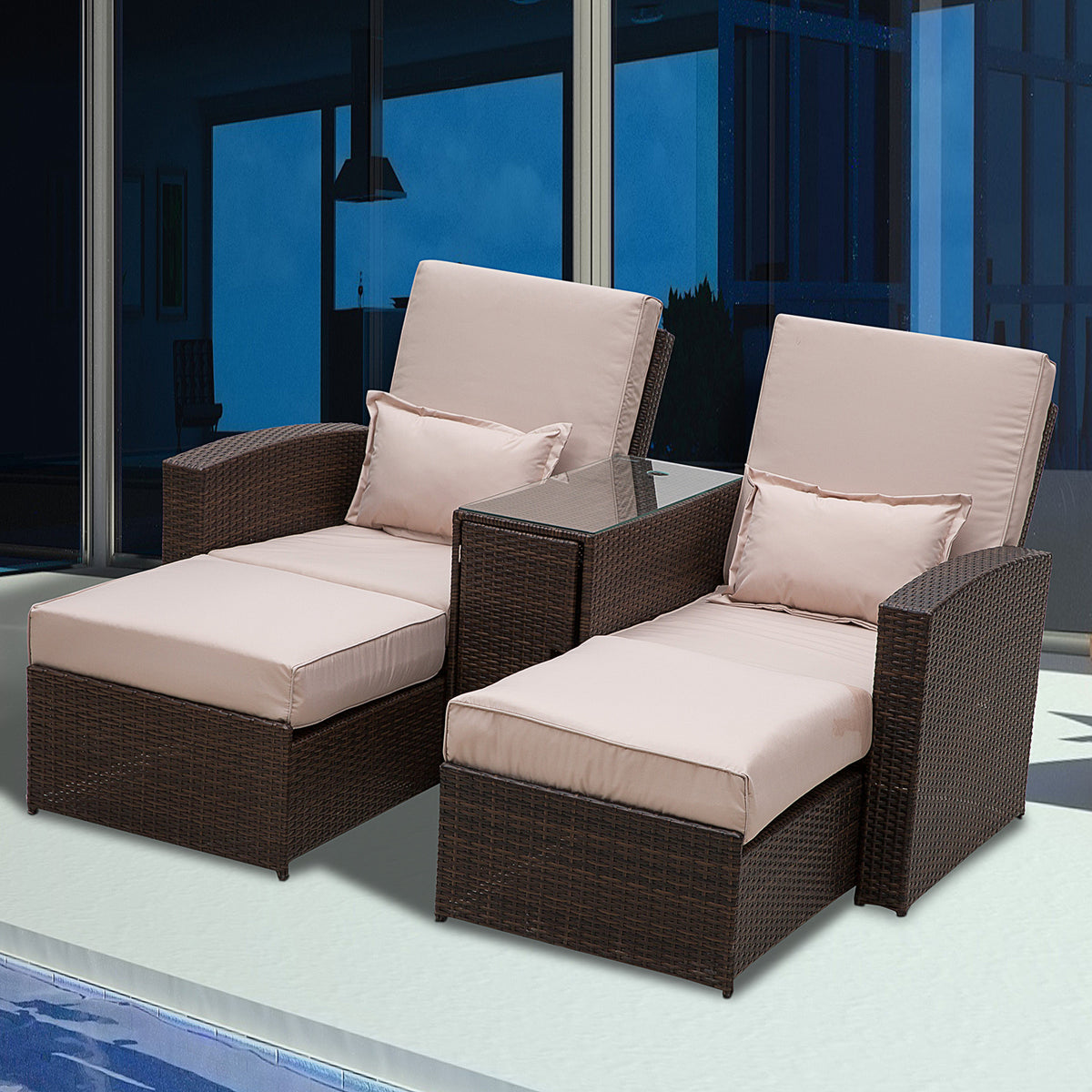 2-Seater Rattan Sofa Lounger Set-Brown