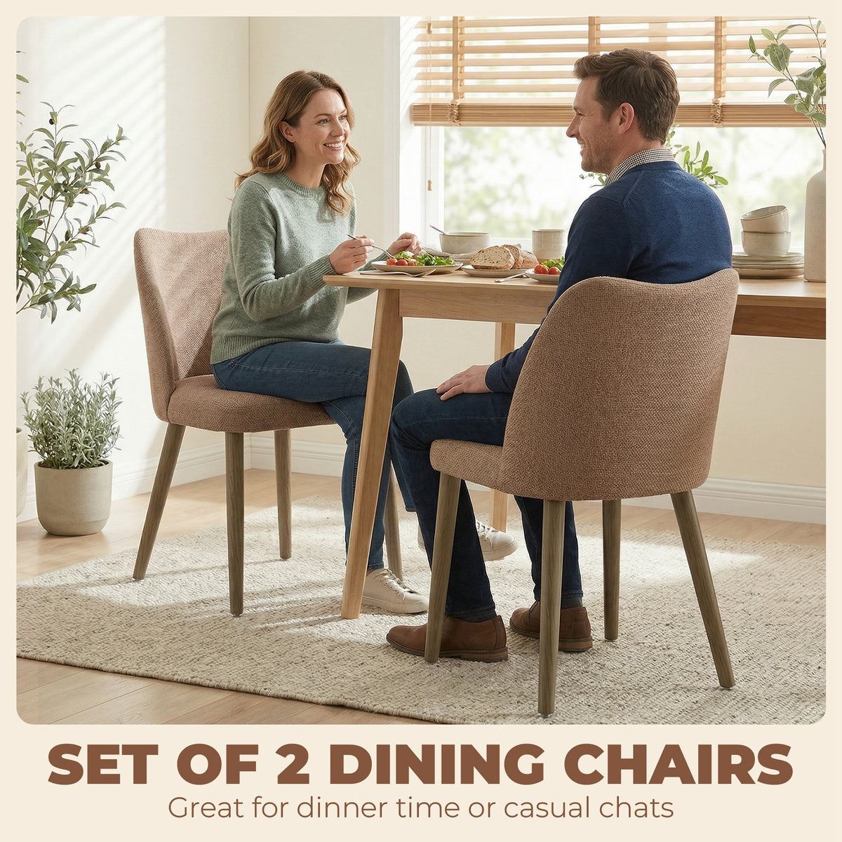 Dining Chairs Set of 2, Linen Upholstered Kitchen Chairs with Padded Seat, Curved Backrest, Rubberwood Legs