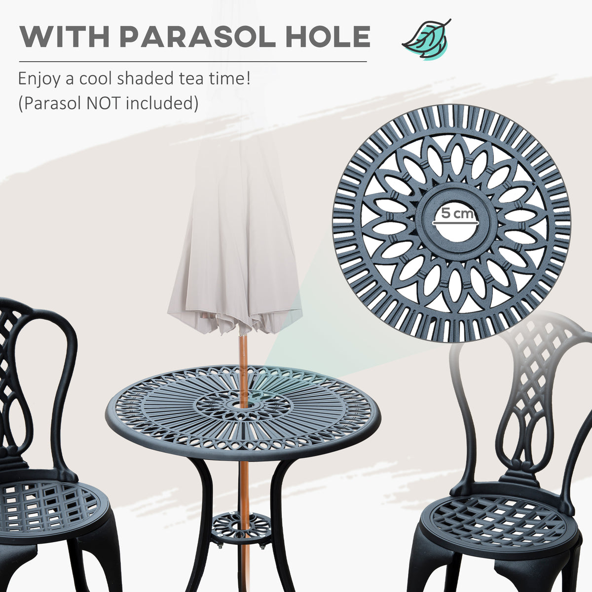 3 Piece Small Patio Furnture Cast Aluminium Bistro Set Garden Outdoor Table and Chairs Shabby Style