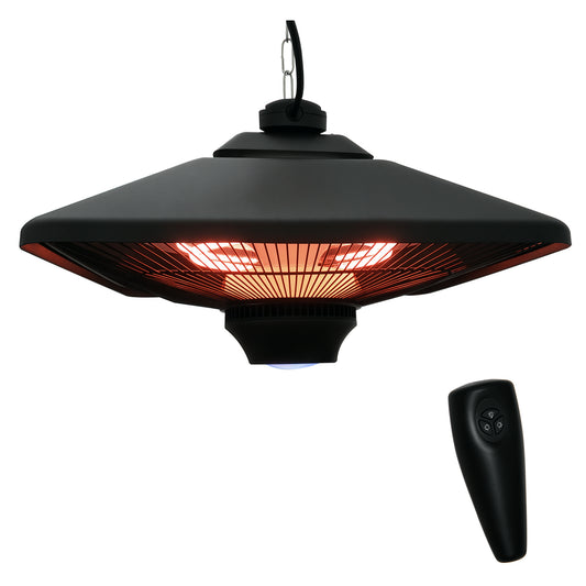 Hanging Electric Patio Heater with 2 Power Settings, 1000/2000W Waterproof Ceiling Mounted Aluminium Halogen Infrared Outdoor Heater Warmer with LED Light and Remote Control, Black