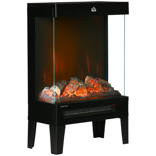 180° Electric Fireplace Heater, Quiet Freestanding Stove with LED Flame Effect, 3-Sided Tempered Glass Panels, Level-less Temperature Control, Overheat Protection, 1000W/2000W, Black
