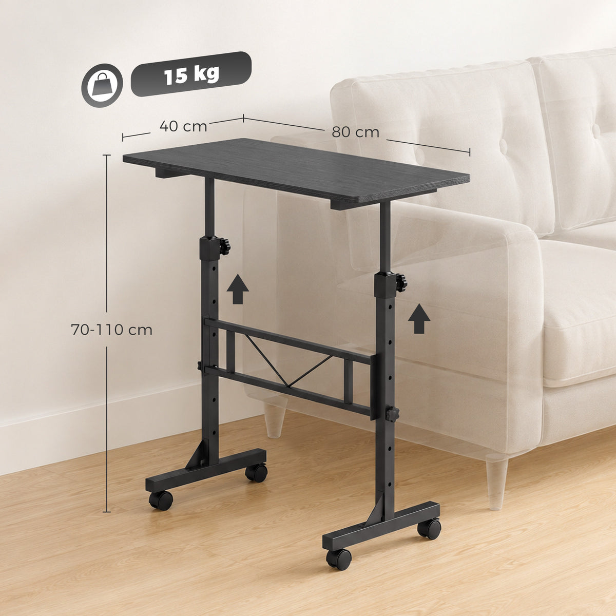 Overbed Table Adjustable Height Sofa Side Table with Wheels 80 x 40 cm Black