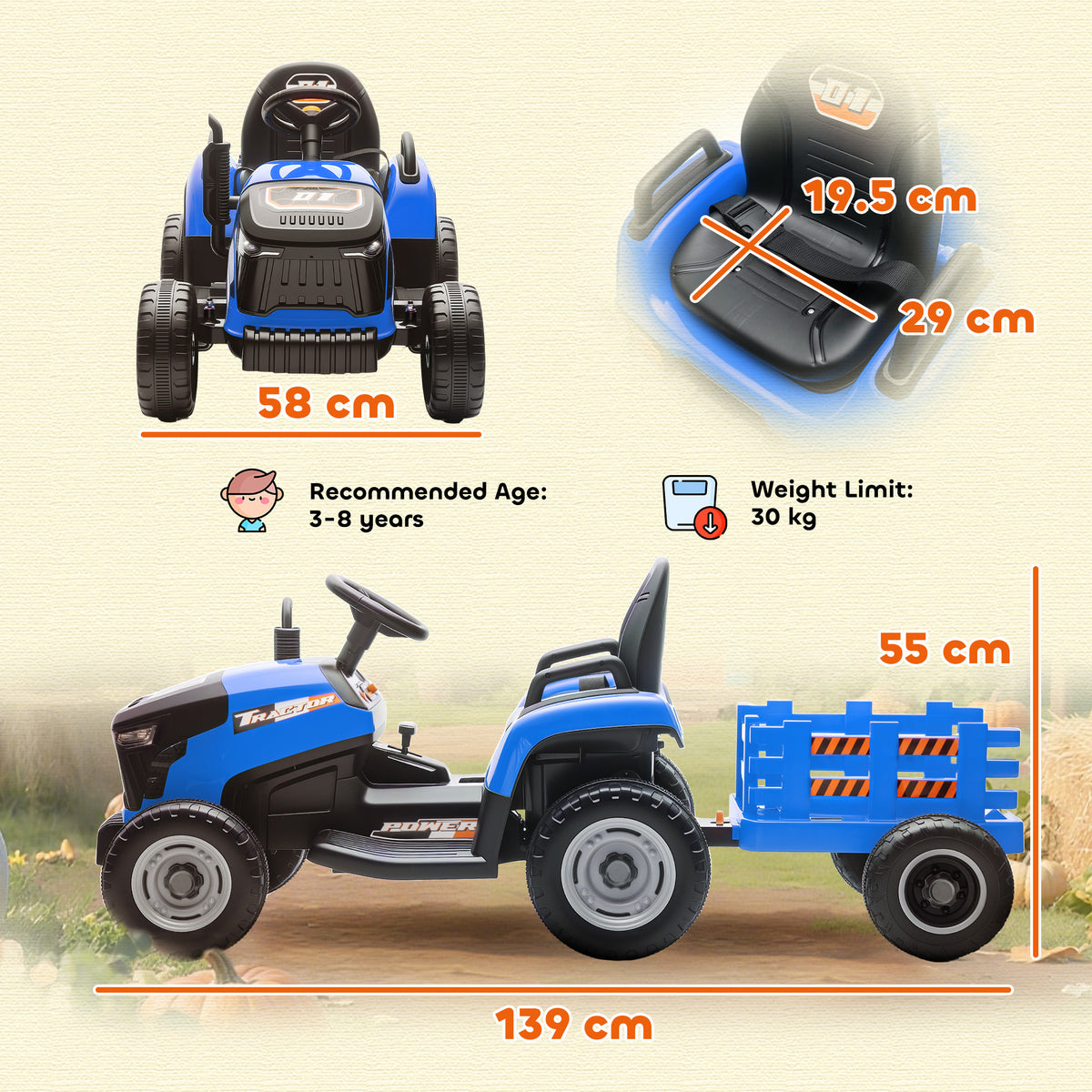 12V Ride on Tractor and Trailer with Remote Control, Music, Shifter, Start-Up Sound, for Kids Ages 3-8 Years