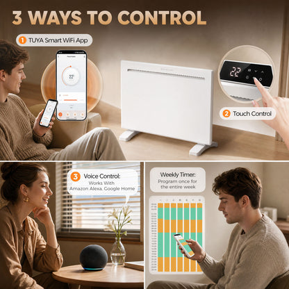 Smart Panel Heater Wall Mounted/Freestanding, Electric Heater with Weekly Timer, Open Window & Anti-Frost, 1000W, White