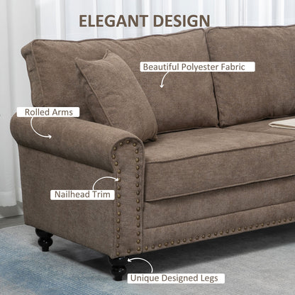 196cm 3 Seater Sofa, Fabric Sofa with Rubber Wood Legs, Nailhead Trim, 2 Pillows, Small Upholstered Couch Settee for Living Room, Guest Room