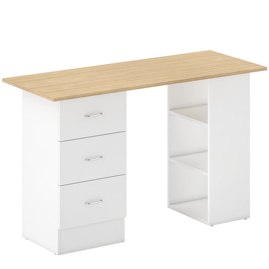 Computer Desk with Drawers, Home Office Desk, Writing Table, PC Workstation with 3 Storage Shelves for Working, Study, 120 x 49 x 72 cm, Natural Wood Finish and White