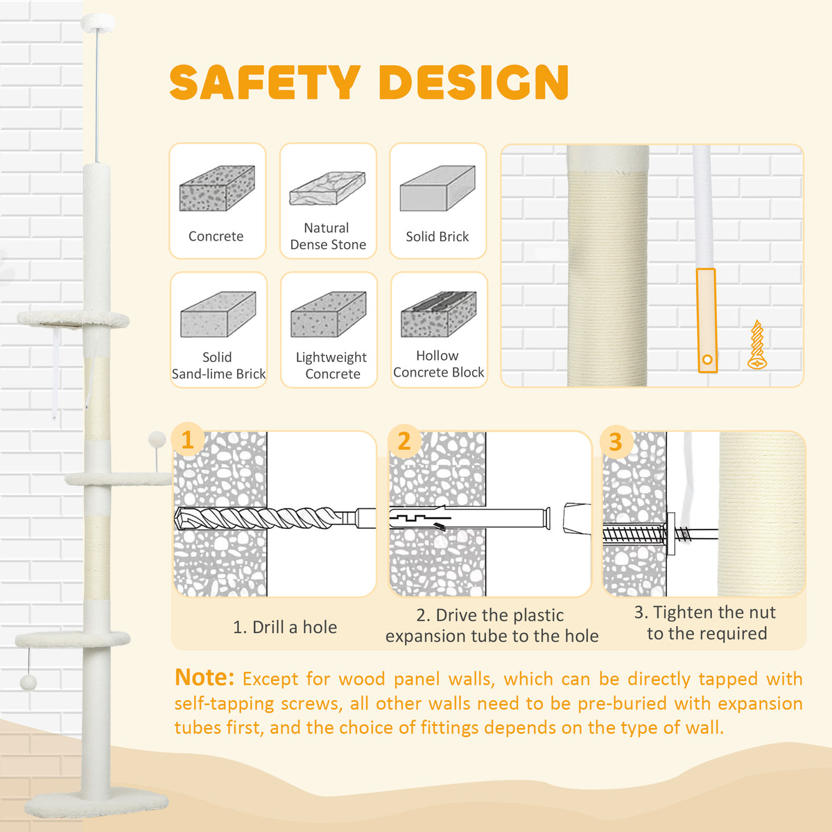 225-255 cm Adjustable Cat Climbing Tower with Sisal Scratching Posts, 2 Hanging Play Balls and Anti-Tip Strap, Beige