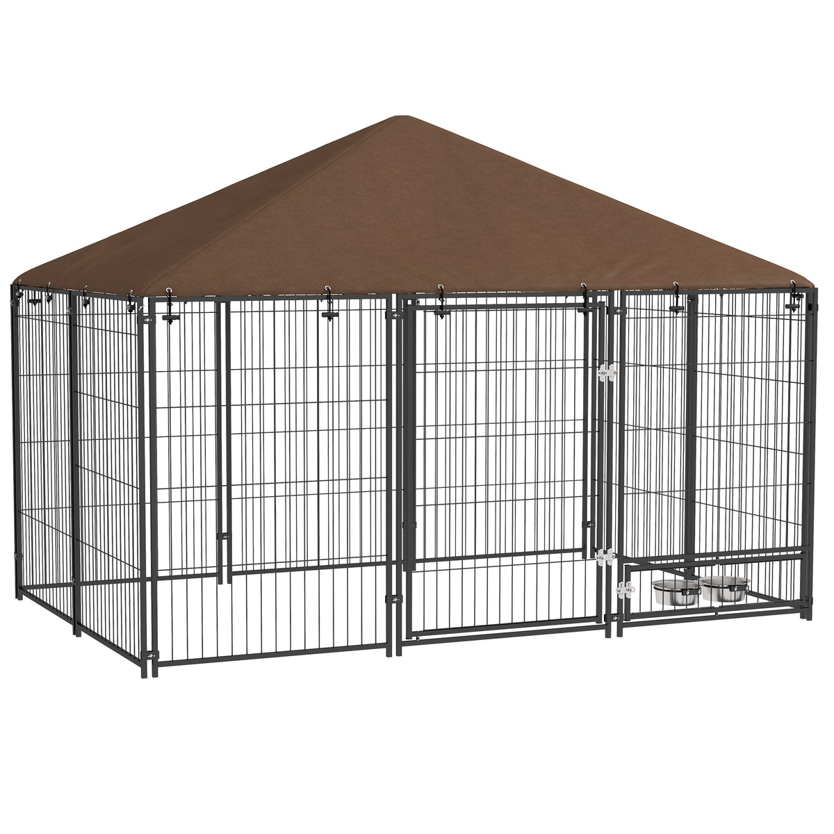 Large Dog Kennel Outdoor Dog Play Pen with Canopy Rotating Bowl for Large Dogs, Brown