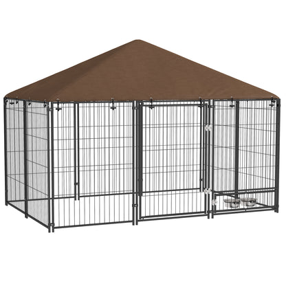 Large Dog Kennel Outdoor Dog Play Pen with Canopy Rotating Bowl for Large Dogs, Brown