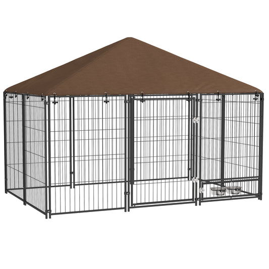 Large Dog Kennel Outdoor Dog Play Pen with Canopy Rotating Bowl for Large Dogs, Brown