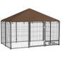 Large Dog Kennel Outdoor Dog Play Pen with Canopy Rotating Bowl for Large Dogs, Brown