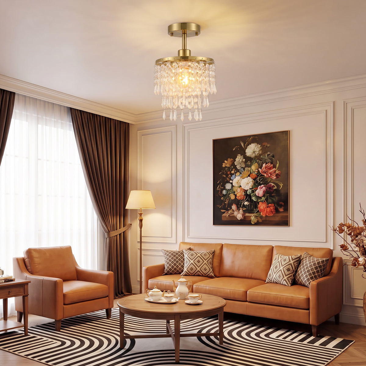 Crystal Ceiling Light with 57 Crystal Strands, Ceiling Light with Mounting Plate for Hallway