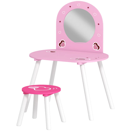 Kids Dressing Table with Mirror and Stool, Girls Vanity Set for Kids Room, Bedroom, Nursery, for Ages 3–6 Years, Pink