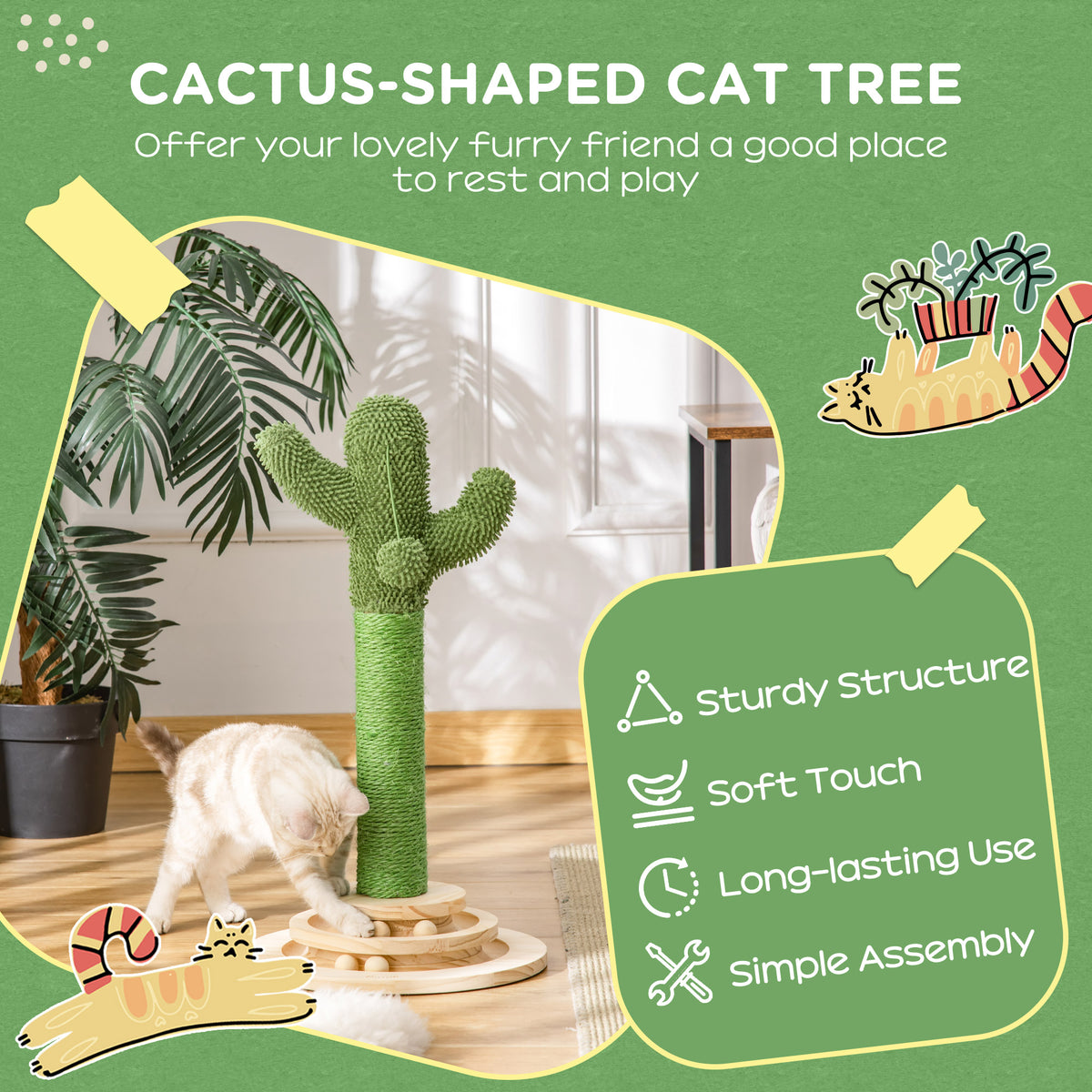 Cat Tree Cactus Sisal Scratching Post for Indoor Cats Play Tower Kitten Furniture with Hanging Ball Interactive Fun Roller Exerciser 32 x 32 x 60cm
