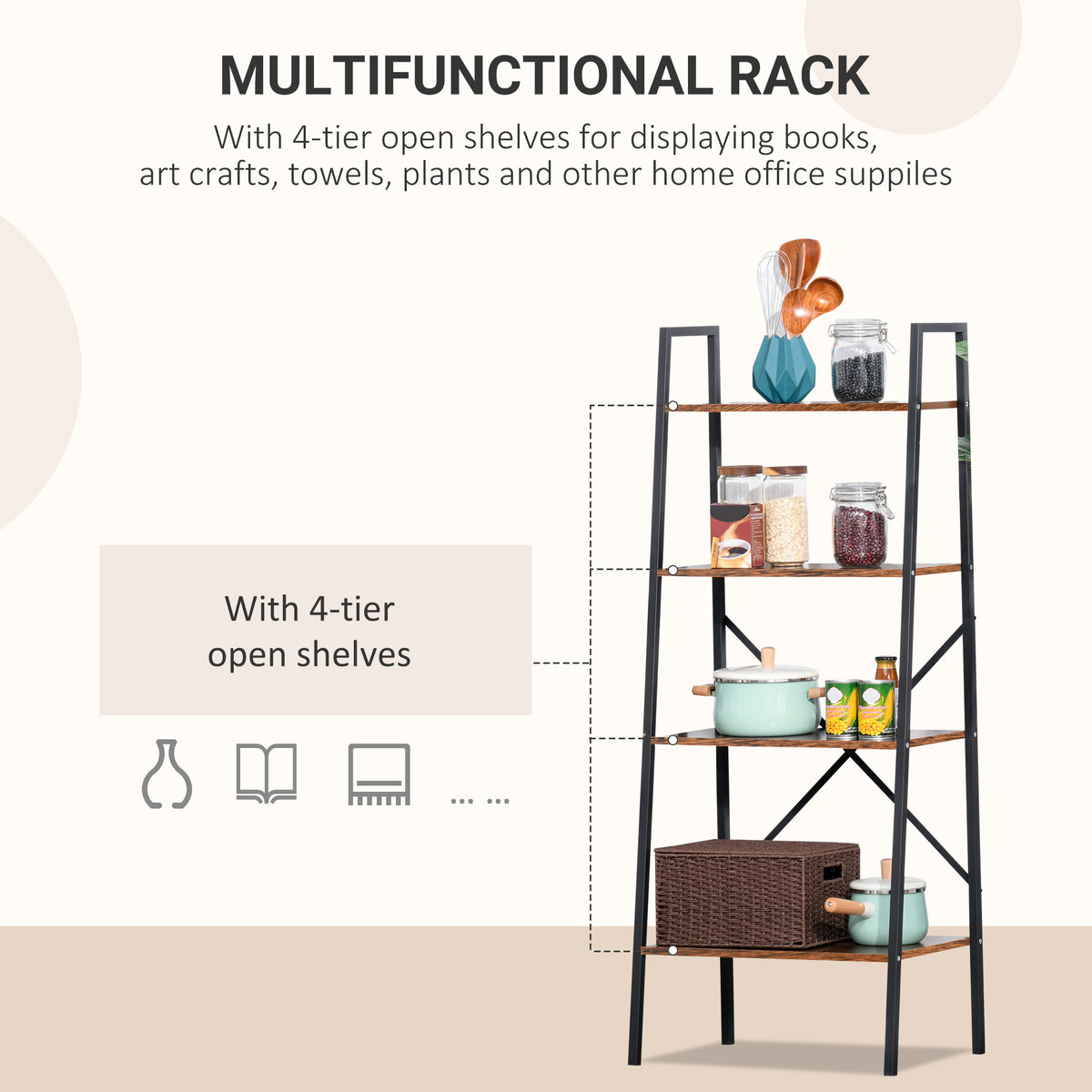 Ladder Shelf, Bookshelf, 4-Tier Industrial Storage Rack for Living Room, Bedroom, Kitchen
