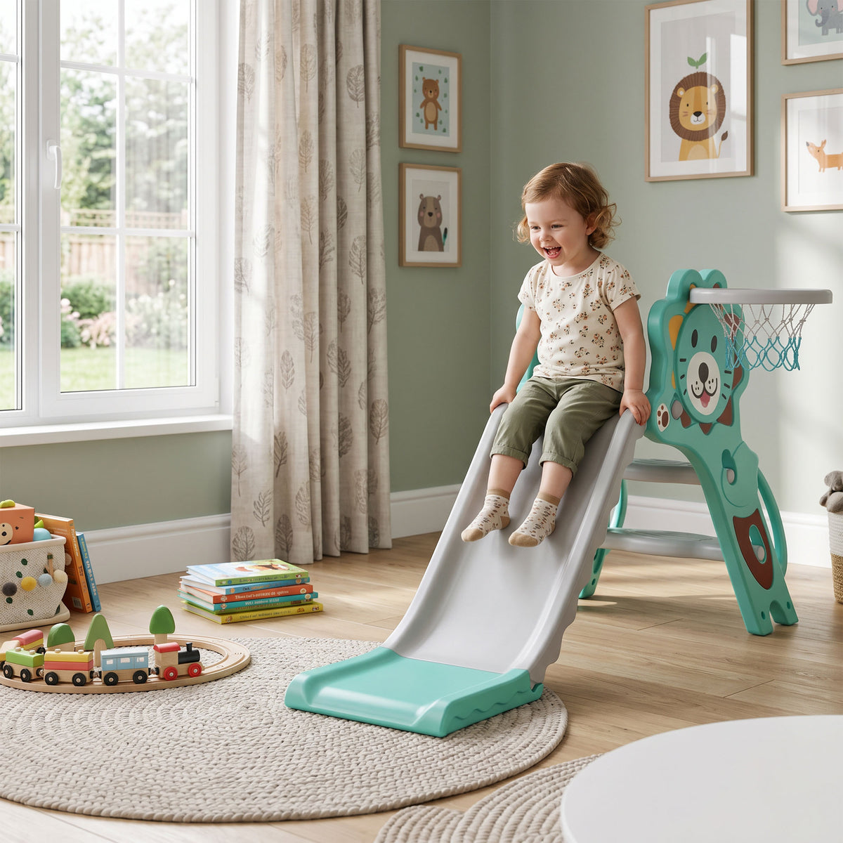 Baby Slide with Basketball Hoop, Climber, Easy to Assemble Kids Slide for Indoor Use, for Ages 18-36 Months