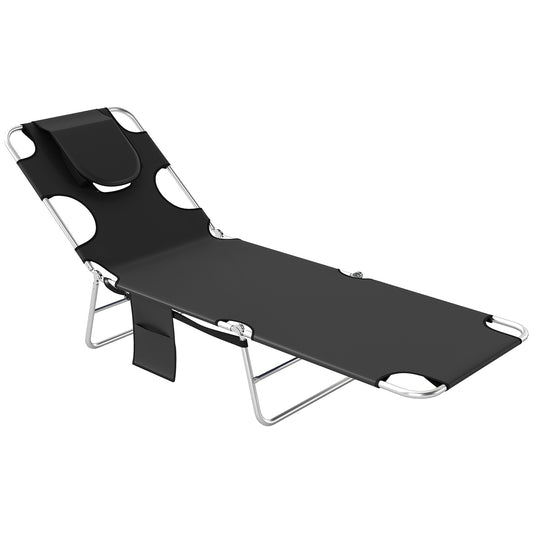Foldable Sun Lounger, Beach Chaise Lounge with Reading Hole, Arm Slots, 5-Position Adjustable Backrest, Side Pocket, Pillow for Garden, Beach, Camping, Black