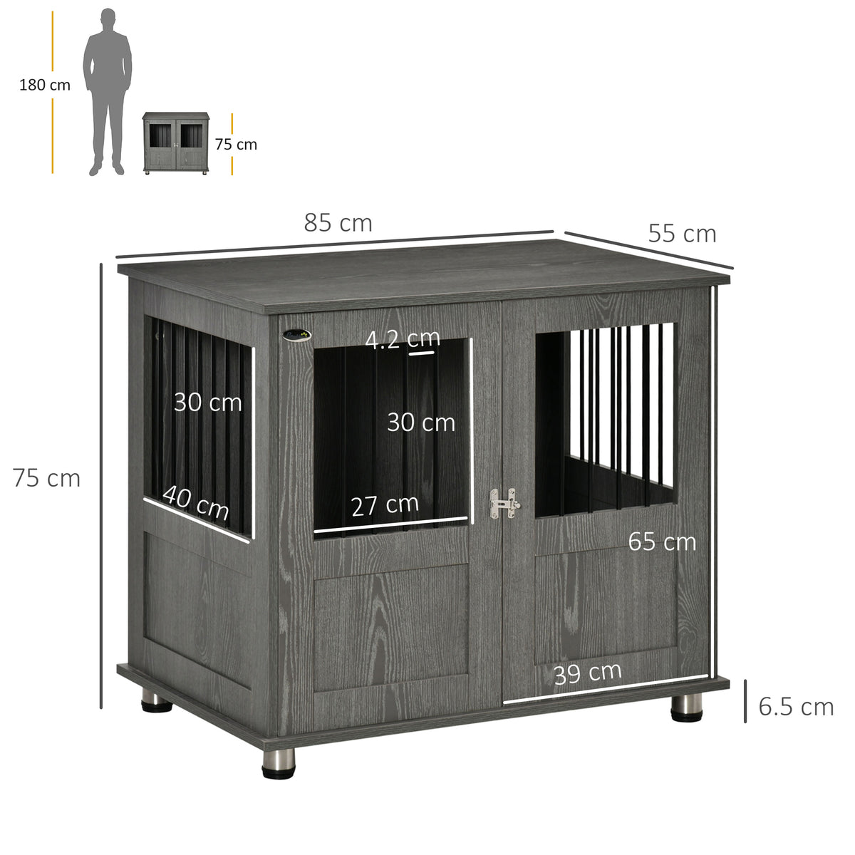 Dog Crate Table for Medium and Large Dogs with Magnetic Door for Indoor Use, 85 x 55 x 75 cm, Grey