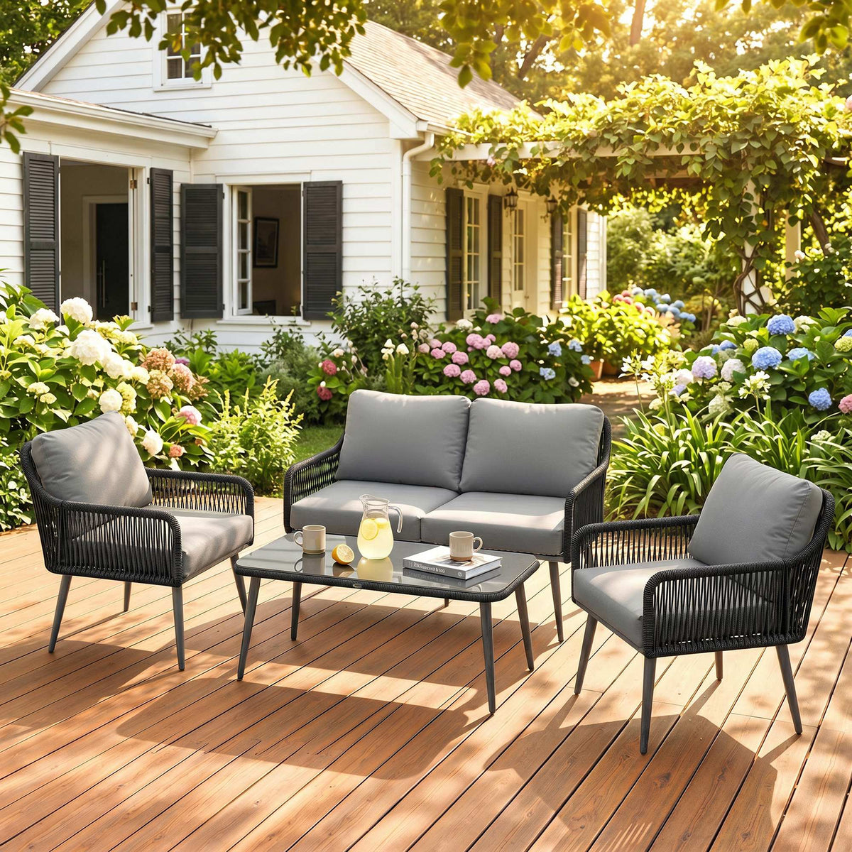 Rattan Garden Furniture Set, 4 Piece Outdoor Patio Furniture with Tempered Glass Table and Chairs, Indoor Balcony Conservatory Set