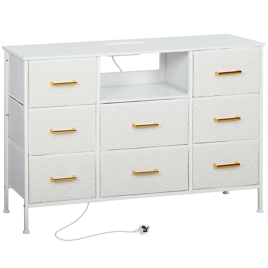 Boucle Chest of Drawers, 8 Fabric Drawers Storage Organiser with Charging Station, 2 USB and 2 AC Ports, Steel Frame, Fabric Dresser for Living Room, Bedroom, Hallway, Cream White