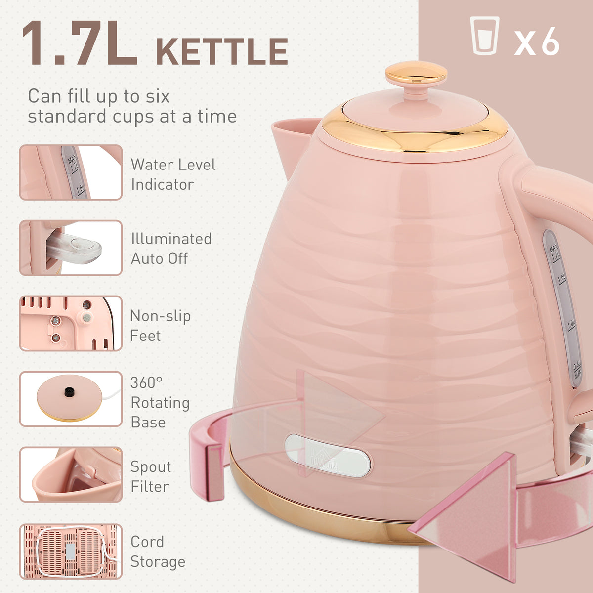 3000W 1.7L Kettle & 4 Slice Toaster, Kettle and Toaster Set with 7 Browning Controls and Crumb Tray, Light Pink