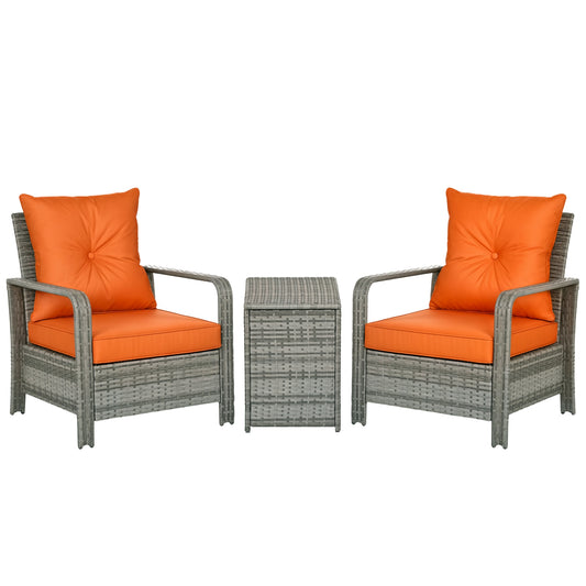 3 Pieces Rattan Bistro Set, Wicker Garden Furniture Set with 72 L Storage Coffee Table and Chairs, Orange
